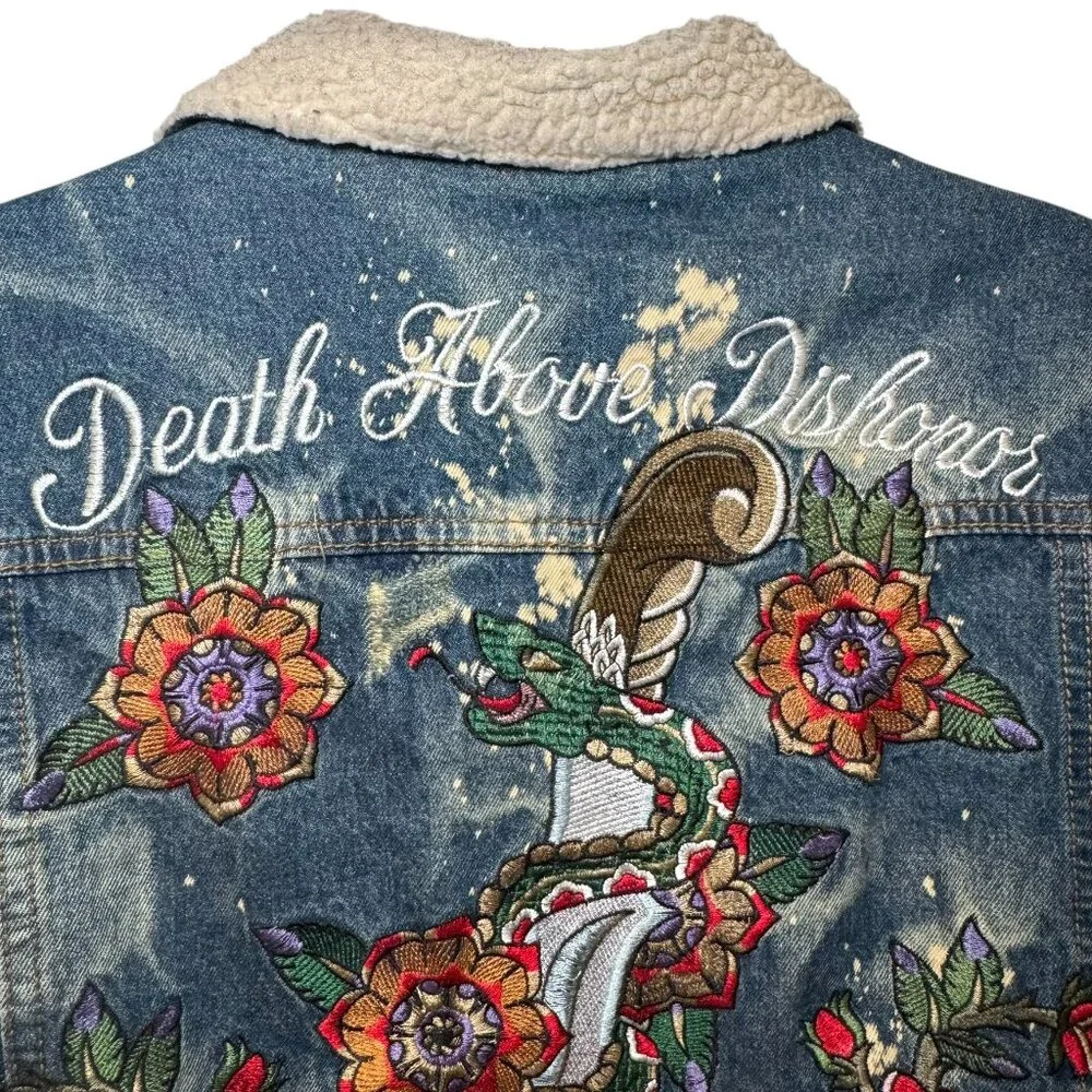 Reason Denim Sherpa Trucker Jacket Death Before Dishonor Embroidered Tattoo sz L